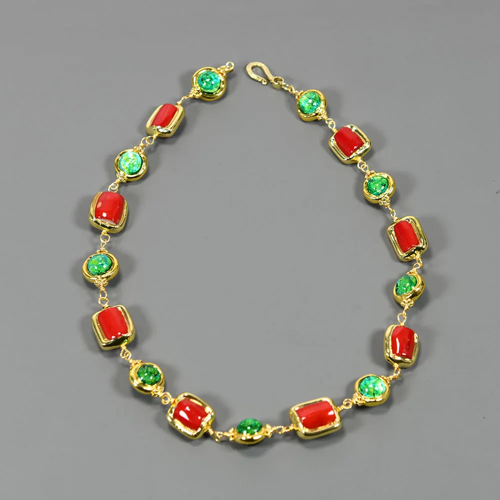 

GG Green Murano Glass Red Coral Gold Plated Edge Chain Choker Necklace Handmade Women Jewelry Party Gifts