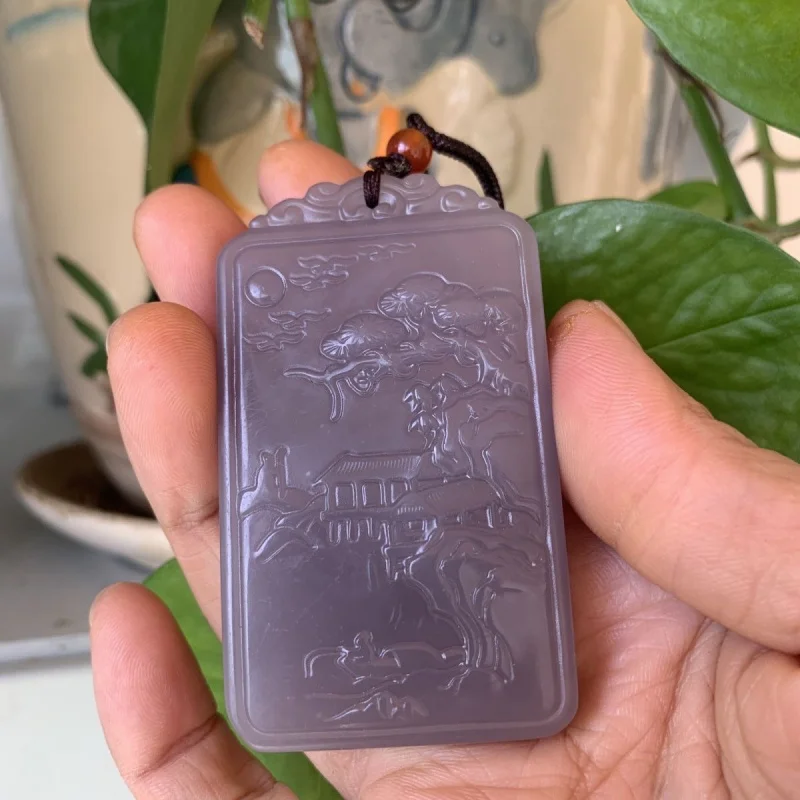 

Natural Xinjiang Hetian Jade Smoke Purple Pendant Lucky Landscape Pendant Men's Necklace Jade Pendant with Hanging Rope