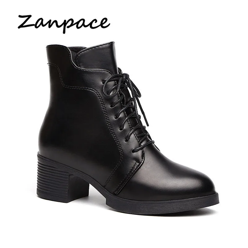 ZANPACE 2021 New Winter Boots Women Lace-Up Keep Warm Fur Women\'s Autumn Shoes Leather High Heel Pointed Toe Women\'s Ankle Boots