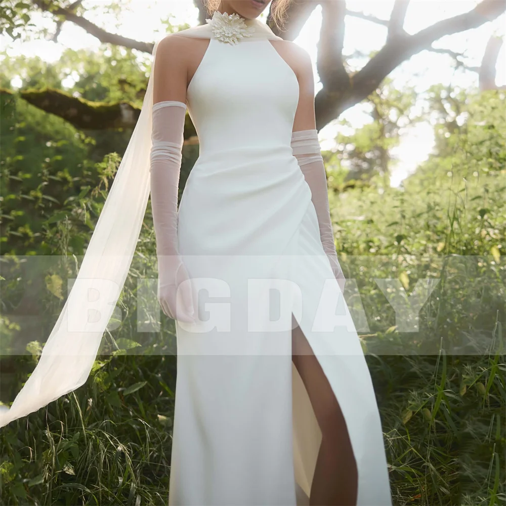 BIGDAY Abito da sposa sexy a sirena con pieghe Halter Fiore con spacco alto aperto sul retro Abito da sposa senza maniche Vestido De Noiva Personalizzato