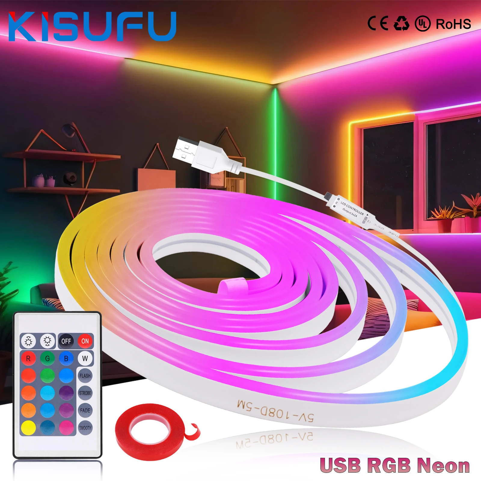 

USB RGB LED Neon Strip Lights With Remote Control 5V Flexible Silicone Ribbon Adhesive Tape For Car Party Home Decor 3M 4M 5M