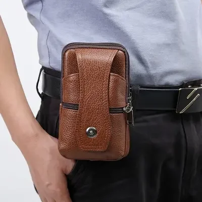 Men Leather Waist Bag Large Capacity Belt Bag Brown Shoulder Bags Crossbody Bags Multi Layer Buckle Mobile Phone Bag Bum Pouch