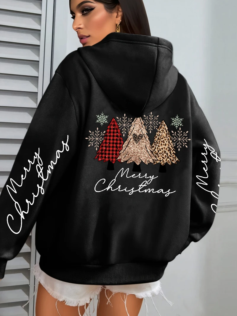 Merry Christmas Leopard Plaid Trees Pattern Hoodies Women Hip Hop Autumn Hoodie Pocket Loose Streetwear Fleece Y2K Pullovers
