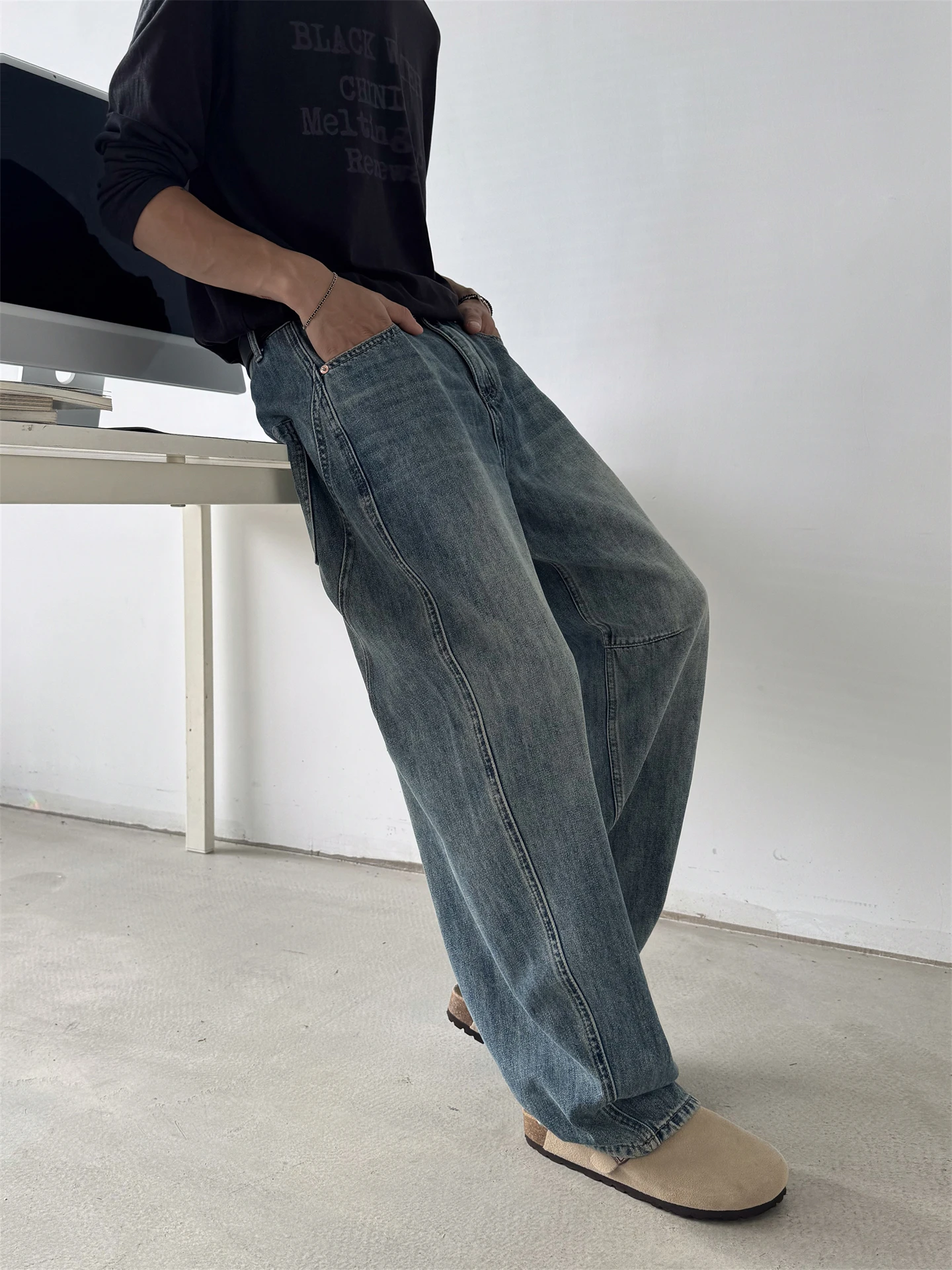 FYRP الأمريكية الرجعية واسعة الساق سكين الجينز الرجال المرأة عادية فضفاض مستقيم القطن الدنيم السراويل ربيع الخريف Faion