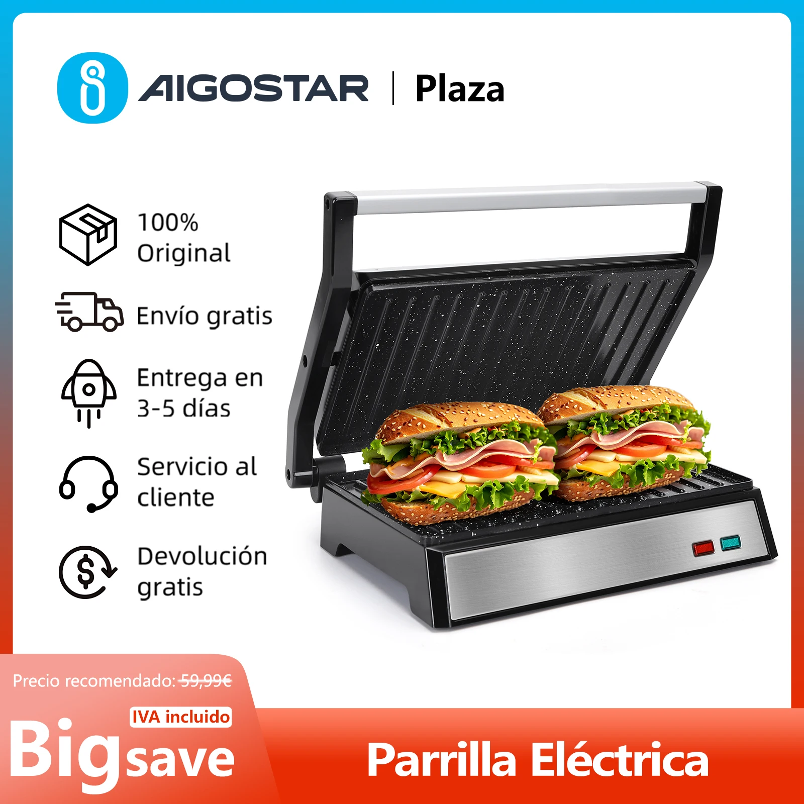 Electric Grill Panini Sandwich Machine, 180 ° Opening, 27x17cm Anti-stick Eco-stone Plates Toaster, Cold Touch Handle, Vertical Storage, 1500W, BPA Free