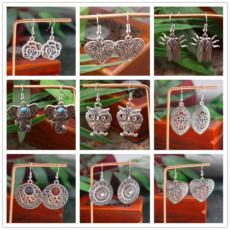 

Aihua Vintage Bohemian Tibetan Silver Earrings For Women Ethnic Metal Carved Heart Flower Owl Elephant Earrings Boho Jewelry