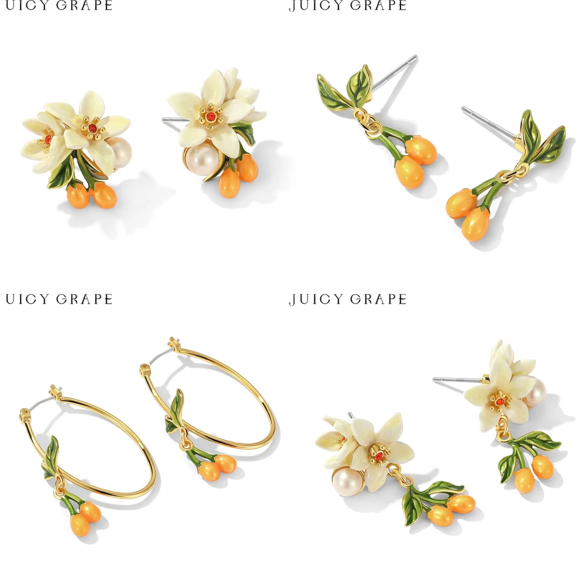 

White Orange Blossom Enamel Flower Earrings Sterling Silver Accessories Camellia Pearl Stud Earring Set Christmas Gift