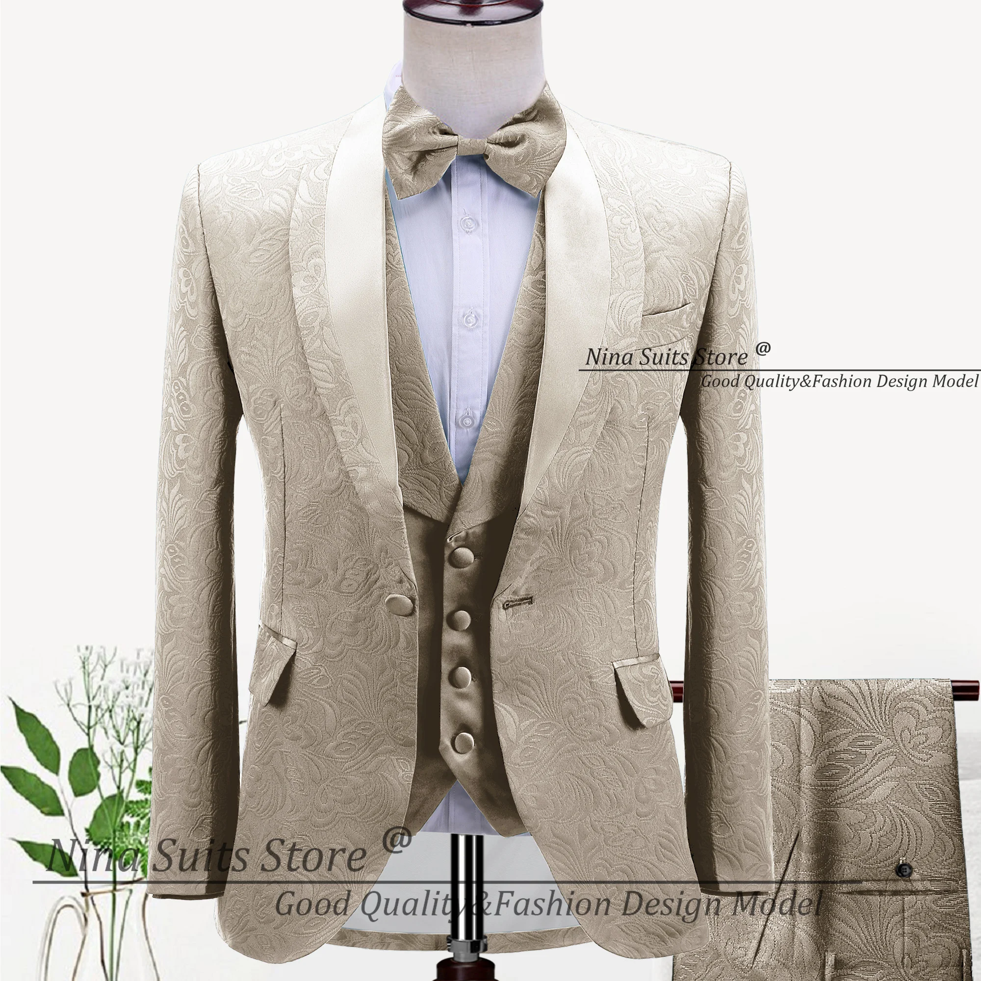 

Gwenhwyfar Mens Wedding Suits 2026 Custom Made Champagne Paisley Pattern Tuxedo Jacket 3 Piece Groom Suits Shiny Splicing Lapel