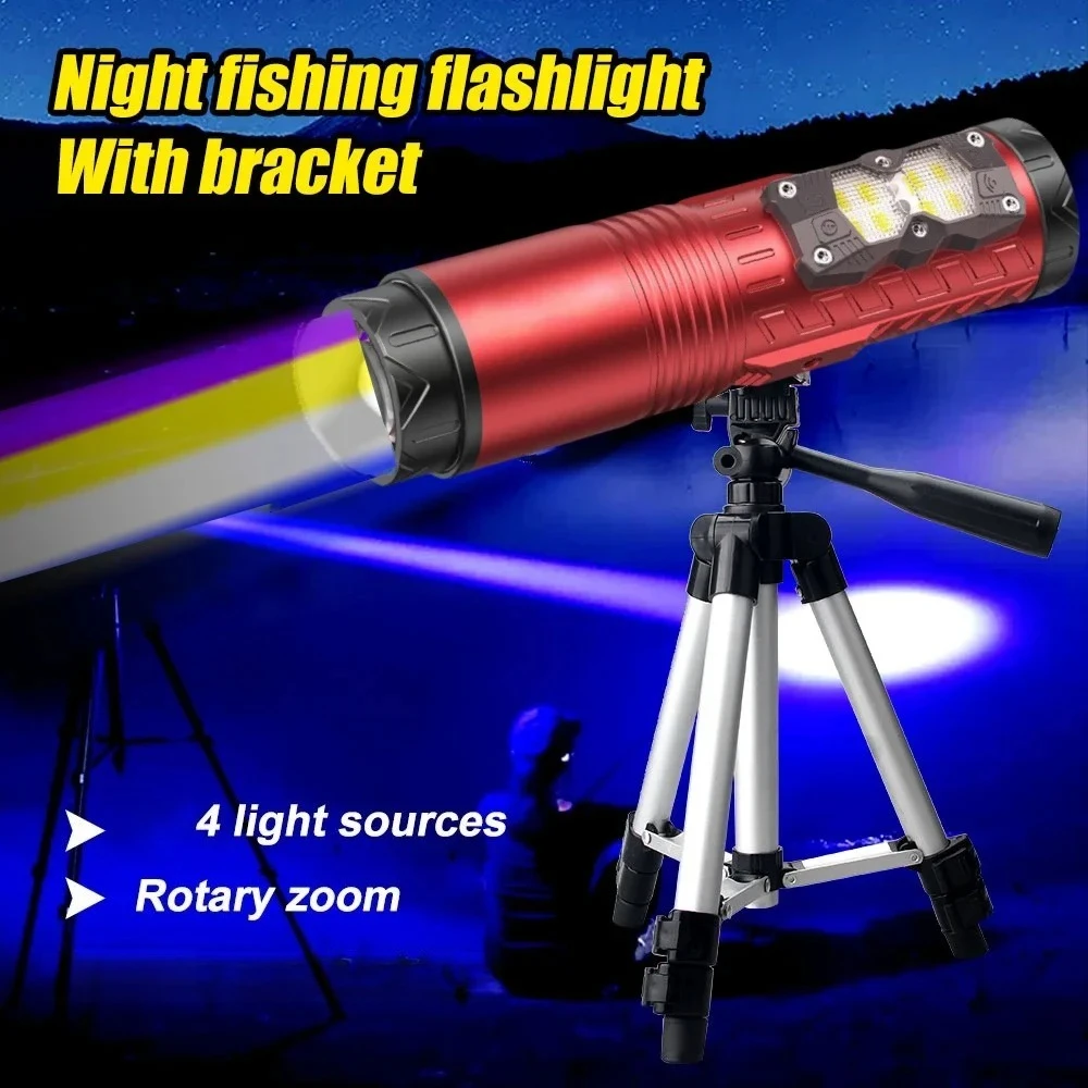 Super Bright LED Fishing Flashlight Type-C Rechargeable Zoomable Camping Lantern Waterproof Night Fishing Torch With Bracket