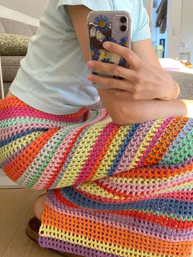 Elegant High Waist Mesh Hollow Out Slim A-line Skirts Summer New Women's Pleated Skirts Fashion Colorful Printed Knitted Skirts