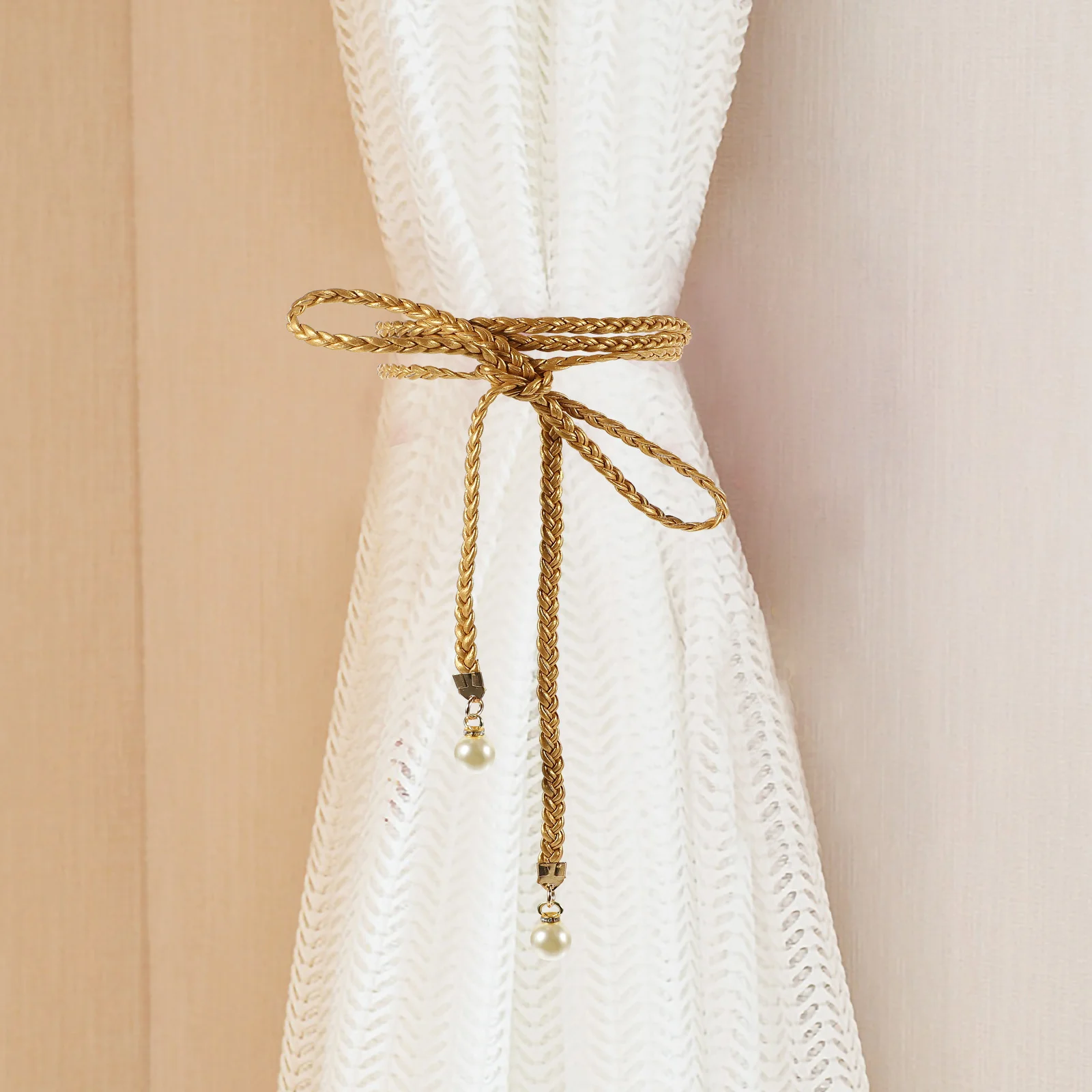 

4Pcs Pearl Waist Belt Woven Curtain Tiebacks Home Curtain Accessories Drapery Holdbacks Sheer Thick Drapes Tie Backs Window