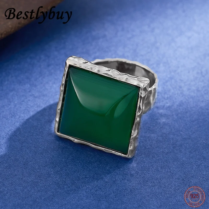 really S925 Pure Silver Hammer Natural Square Green Agate Exaggerated Ring Retro Luxury High-end T ü rkiye Handmade Jewelry