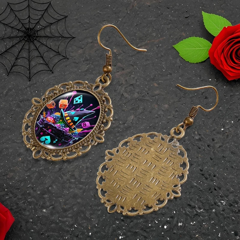 Gothic Colored Hat and dices Picture Oval Glass Cabochon Flower Shaped Fish Hook Earrings Handmade Gifts