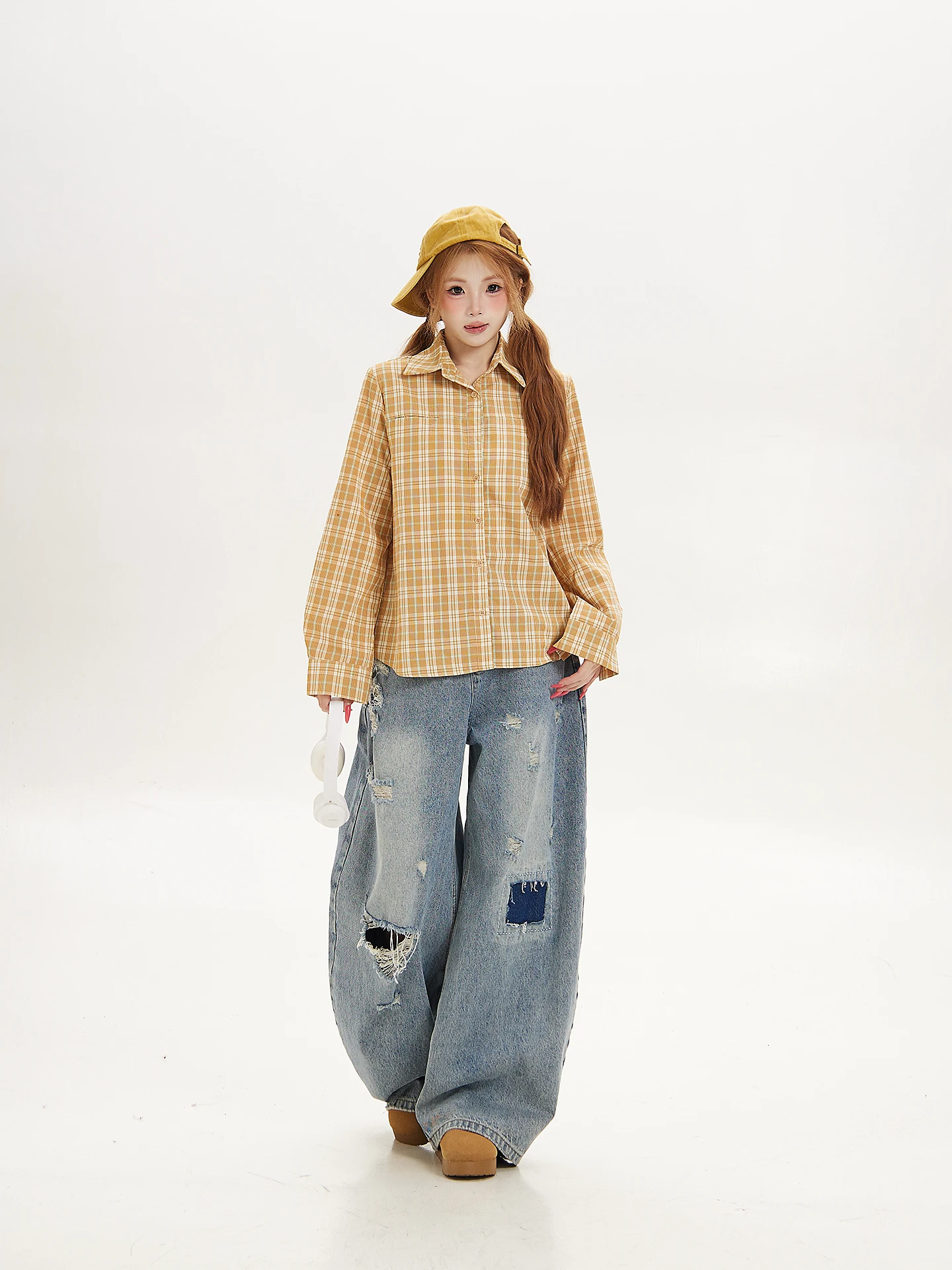 Yellow Plaid Casual Loose Women's Shirt Ant Dopamine Style Spring Autumn Fashionable American Retro Long Sleeve Button up