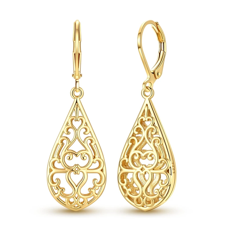 Gold Plated 925 Sterling Silver Earrings Women CZ Zircon Water Droplet Hollow Pattern Ear Studs Sparkling Earring Wedding Gifts