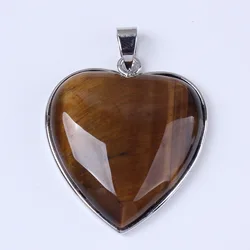 Natural Stone Pendants Tiger Eye Pink Quartz Purple Crystal Lapis Charm Necklace Love Heart Flat Bead Girl Women Healing Jewelry