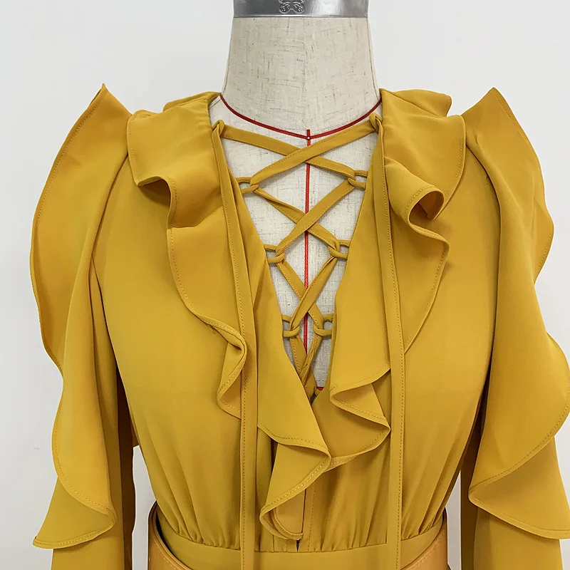 HKSH Summer New Women Elegant High Street Stylish Off Shoulder Long Sleeved Irregular Ruffles Waist Cinching Gown Dresses HK7103