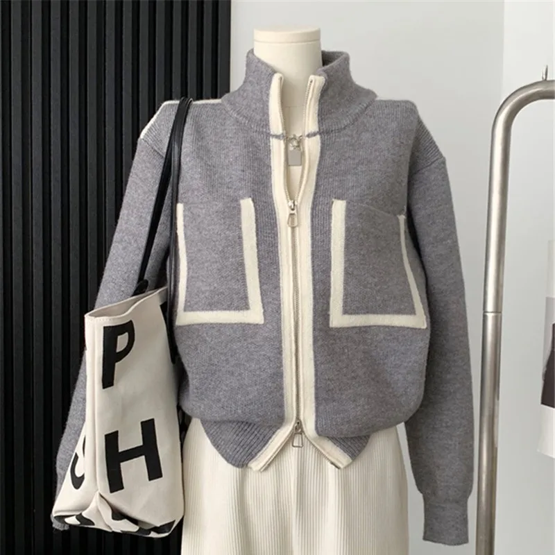 Panelled Cardigan Women Korean Style Fashion Zippers Pockets Slimming Stand Collar Design Casual Daily Elegant Office Ladies