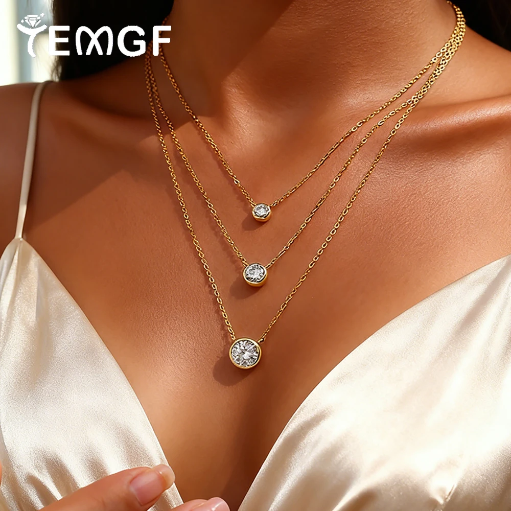

TEMGF Hot Sell S925 Silver Three-layer Stacked Chokers Necklace Set Real D Color Moissanite Pendant Neck Chain for Women Jewelry