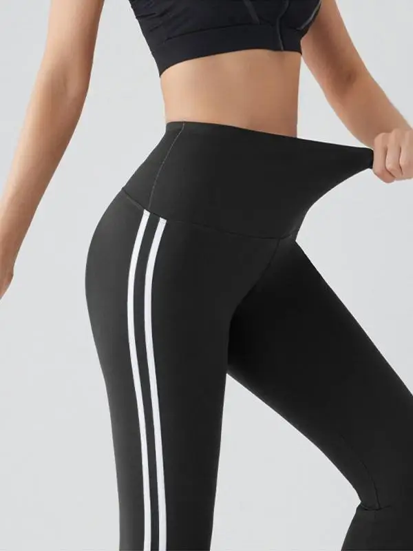 Calças de Yoga de Cintura Alta com Design Listrado Casual e Confortável para Mulheres