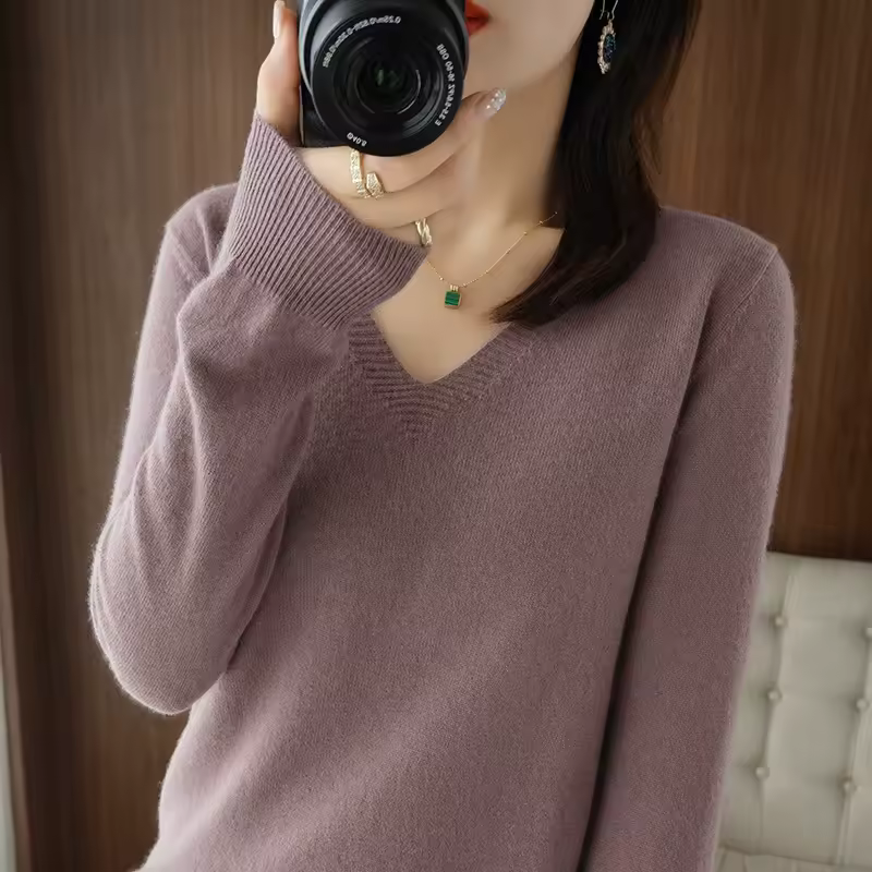 New Cashmere Women's V-neck Pullover Lace Neck Hollow Out Design Casual Knitted Long Sleeve Women's Sweater Autumn And Winter - Image 9