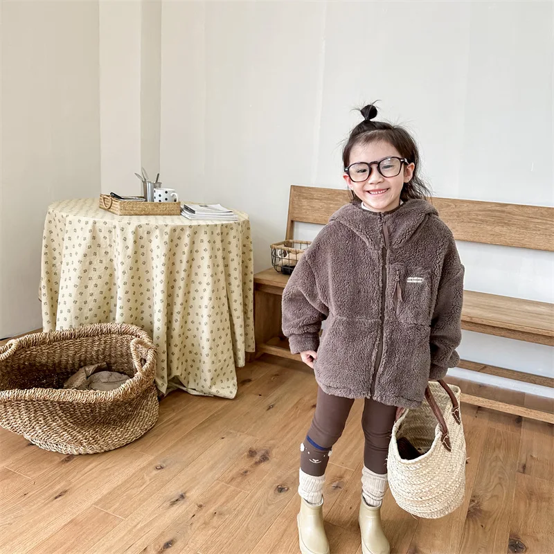 

Girl Top 2023 New Autumn Winter Korean Fashion Style Lamb Wool Padded Coat Solid Casual Hooded Top Outerwear Baby Girl Clothes