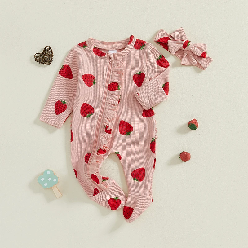 Baby Girls Ruffles Romper Strawberry Print Long Sleeve Jumpsuits and Cute Headband Set for Toddler Infant