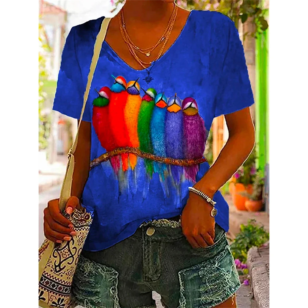 Women Tshirt Summer Colorful Print Gradient Clothing V Neck Short Sleeve Animal Tops Streetwear Fashion Oversized Girls T-Shirts