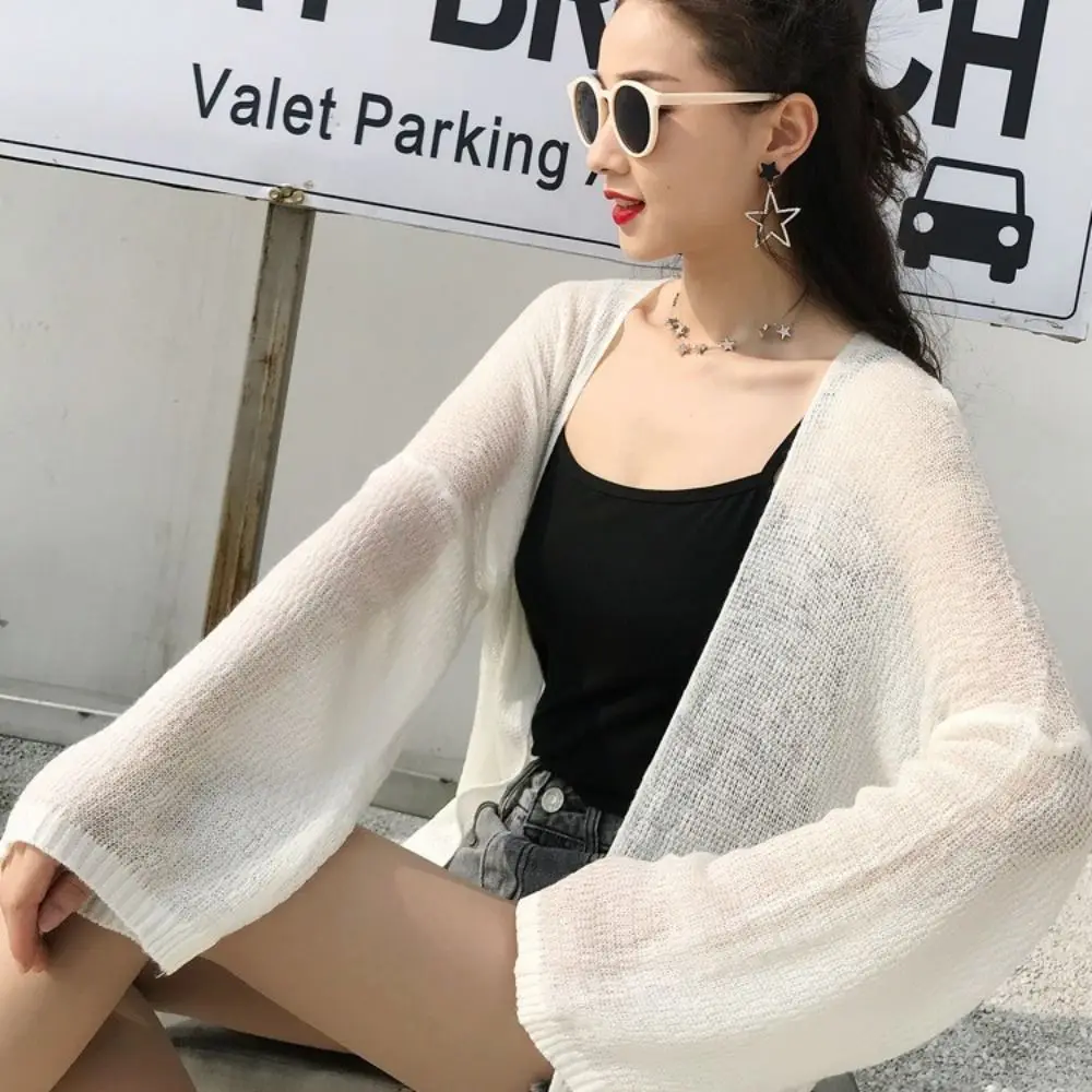 Summer Knitted Cardigan Sunscreen Cardigan Loose Hollow Air-conditioned Cardigan Soild Long-sleeved Shirt Cropped