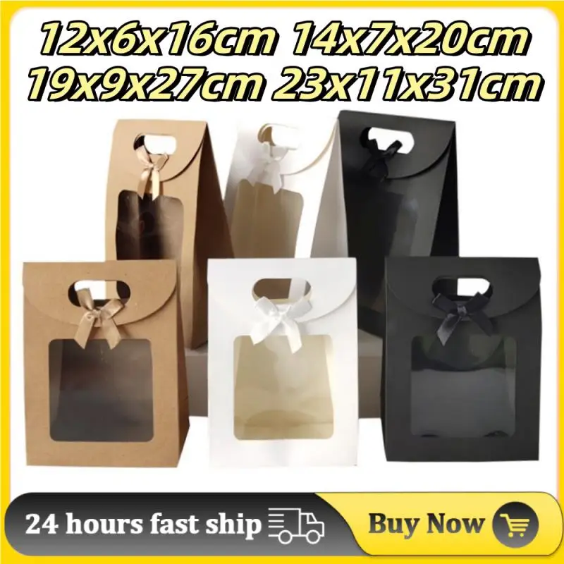 Black/White Kraft Paper Bag With Clear Window Gift Bags With Handle Candy Biscuits Cake Packing Box Eid Mubarak Gift Christmas