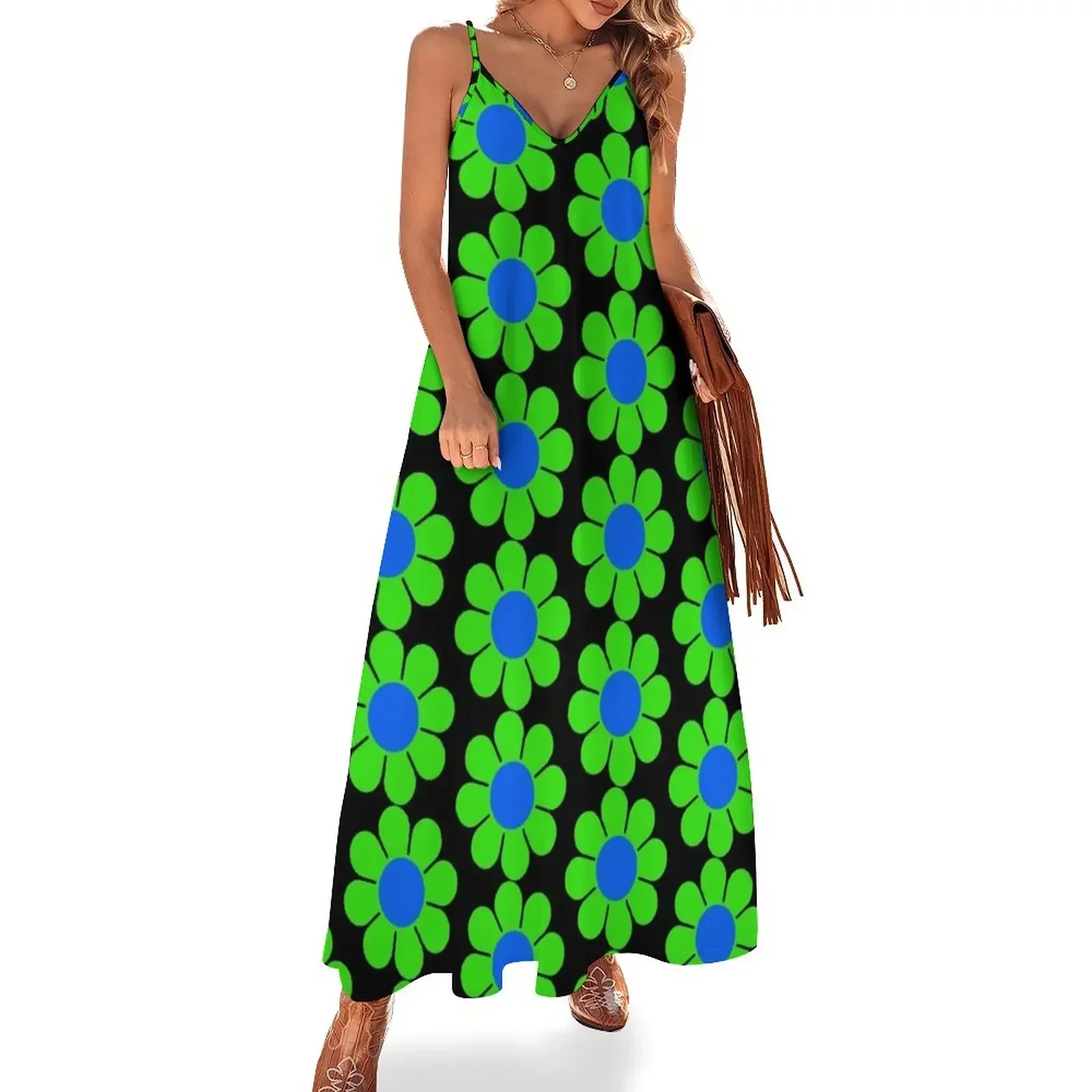 

Green Blue Hippy Flower Daisy Sleeveless Dress Women's dresses Women's dress women's luxury party dress