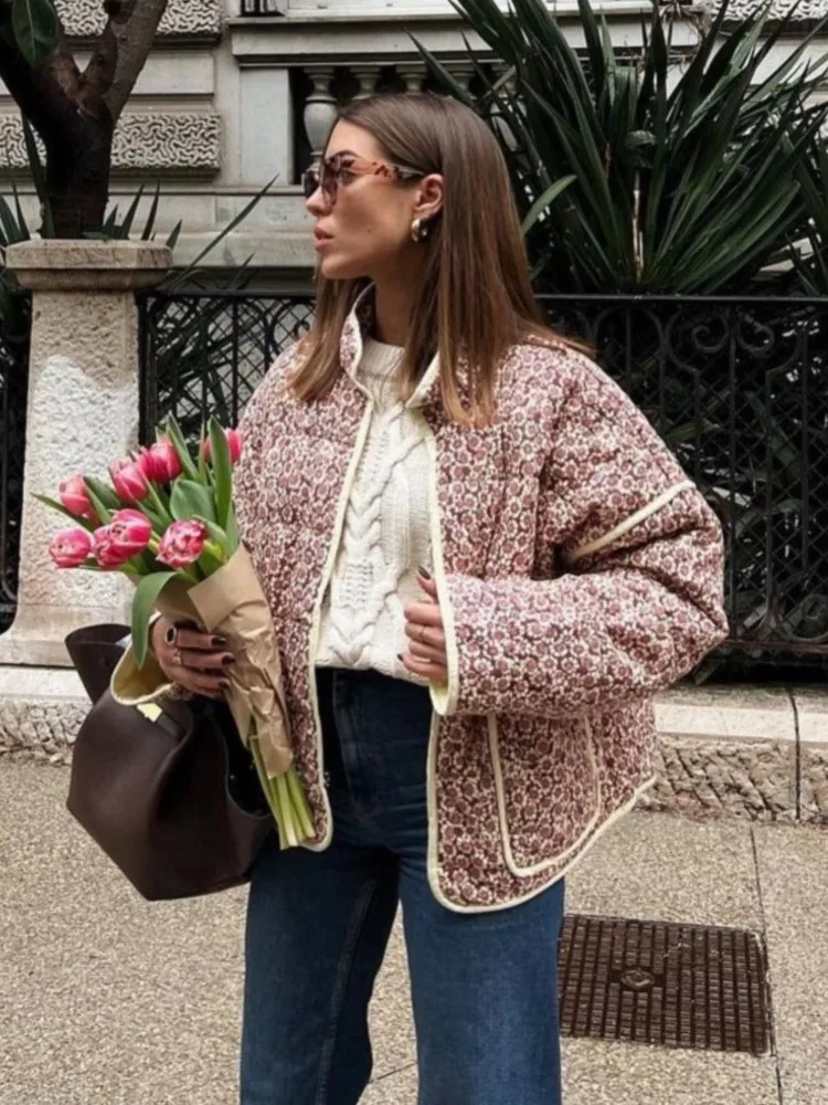 

New Women's Floral Print Cotton Padded Jacket Woman Long Sleeve Pockets Vintage Winter woman Parkas Jacket Coat Streetwear Tops