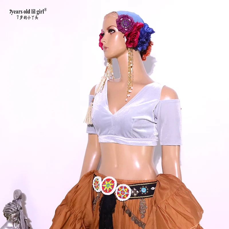 Dança do ventre dança veludo gordura chance tribal choli traje curto manga gota topo cjj58