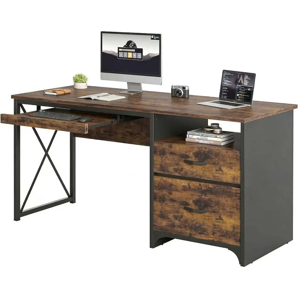 Oice Desk with Ders, 55 inch Industrial Computer Desk with Storage, Wood Teacher Desk with Keyboard Tray & ile Der or Home Oice,