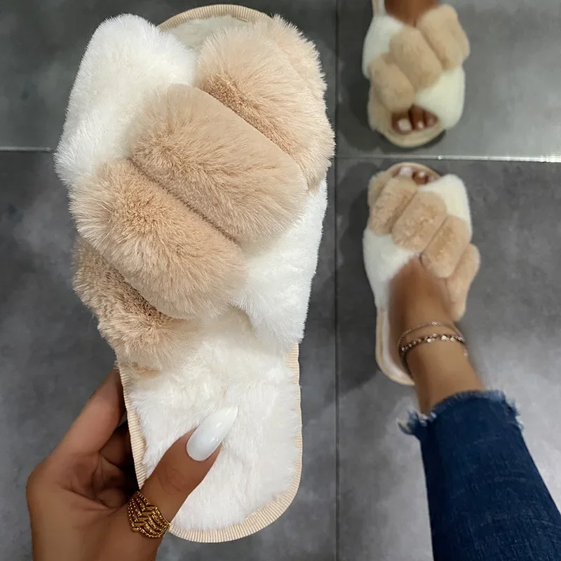 2022 New Women Slippers Winter House Furry Slippers Fluffy Faux Fur Indoor Home Cotton Slippers Floor Shoes Ladies Flip Flops