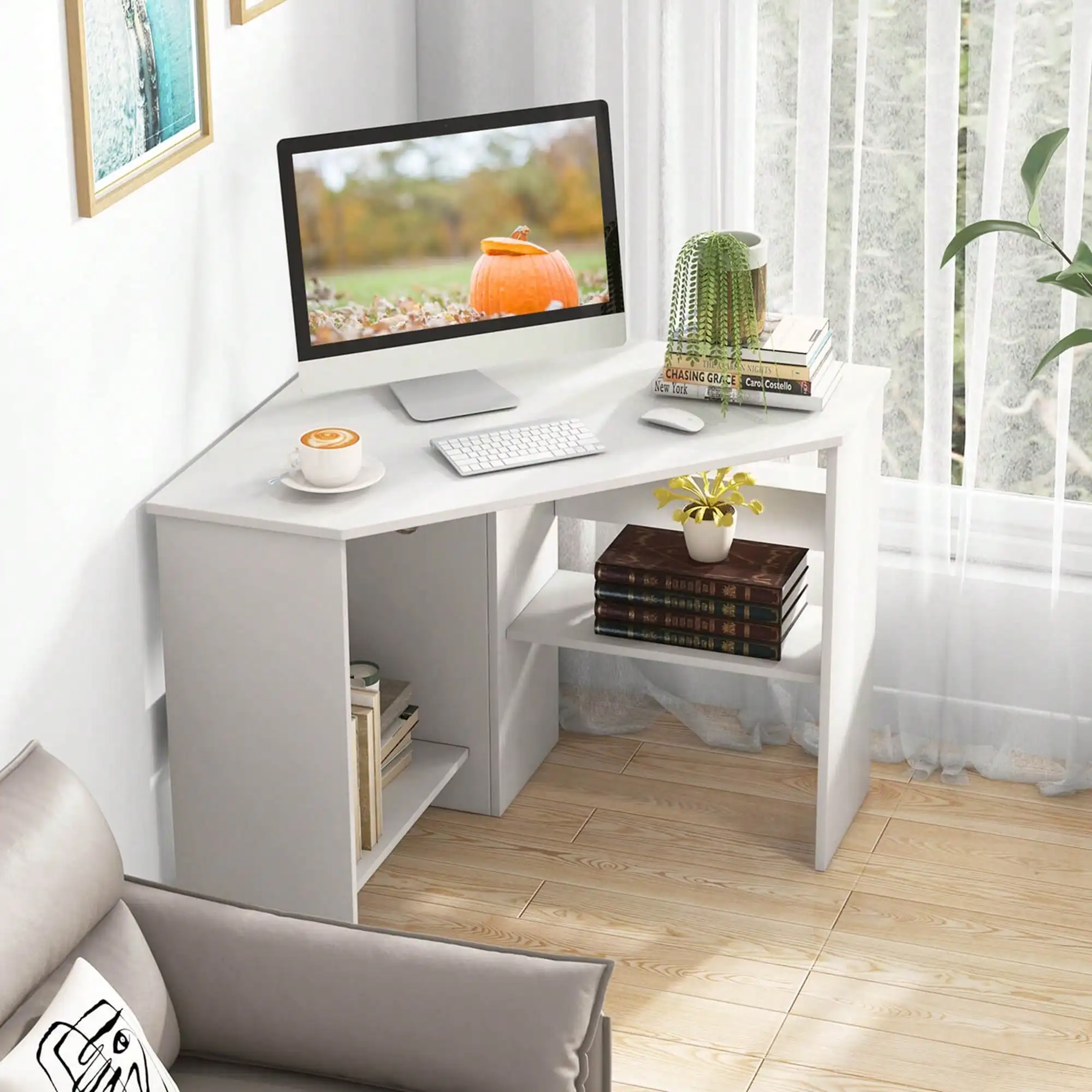COSTWAY Corner Computer Desk Triangle Writing Workstation W/ Storage Shelf