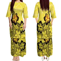 Round Neck Regular Sleeve Samoan Women's Double Suit Long Dress Print Custom Design Polynesian High Quality Dress Puletasi
