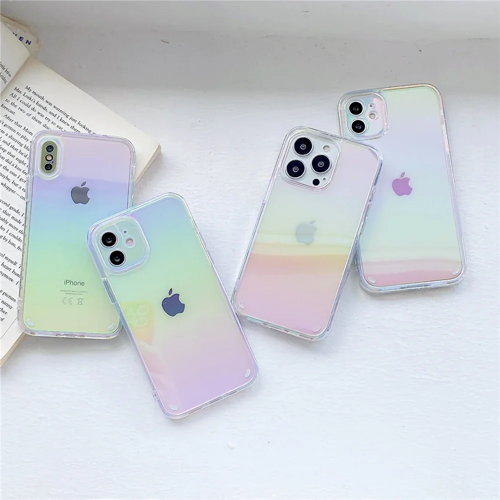 Rainbow Gradient Laser Aurora Hard Phone Case For iPhone 11 12 13 14 15 Pro Max Clear Silicone Case