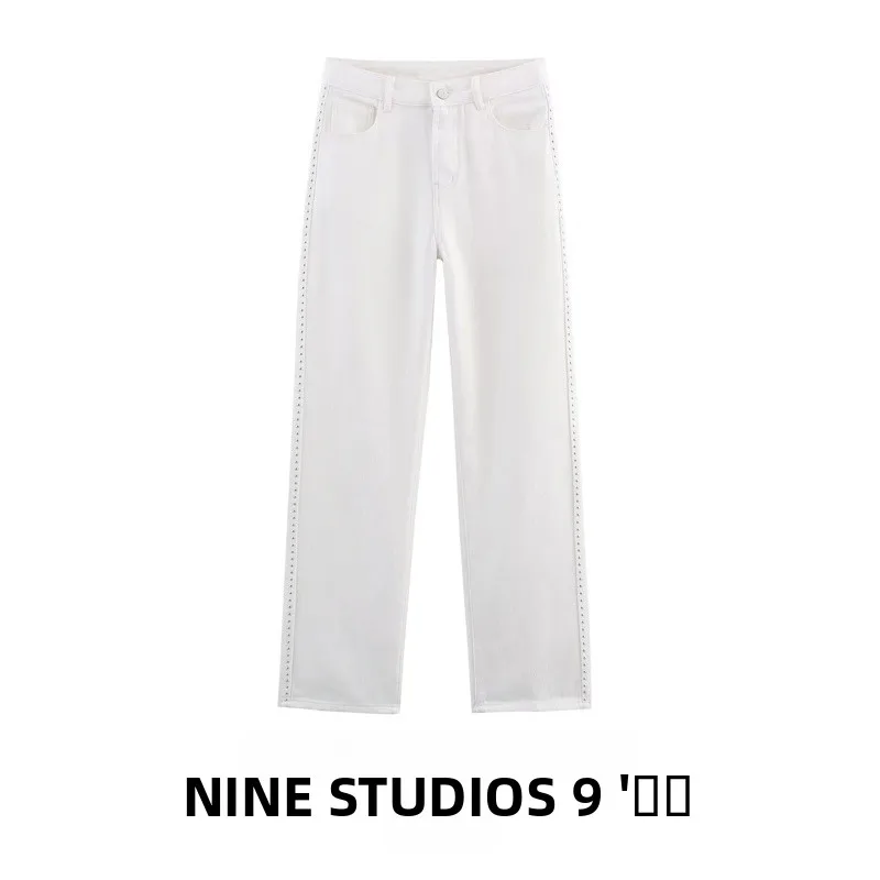 Faionable Rivet décoré jambe droite jean pantalon Long femme polyvalent taille moyenne coton l taille bouton fermeture