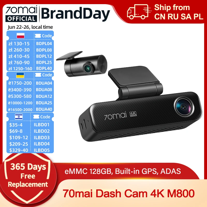 70mai Dash Cam 4K M800 eMMC 128GB HDR Built-in GPS ADAS 24H Parking Monitor LTE 4G Compatible Voice Control Car DVR 70mai M800