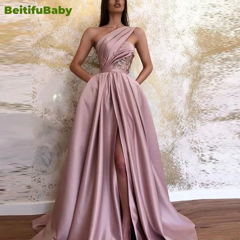 BeitifuBaby 2024 Women's Prom Dress Solid One Shoulder Sleeveless Long Skirt with Pockets Evening Party Dress for Women Vestidos