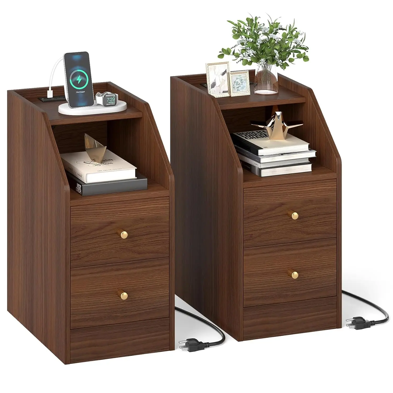 Nightstand Set 2 Charging Station Shelf Drawer Outlet USB Type-C Narrow Bedside Table Bedroom Small Space, Customized