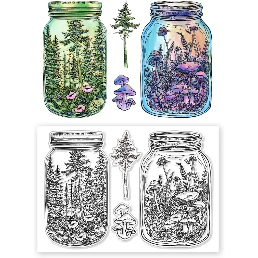 Jar Clear Stamps Transparent Stamps for DIY Scrapbooking Forest Trees Mushroom Silicone Clear Stamp Seals for Cards Making DIY