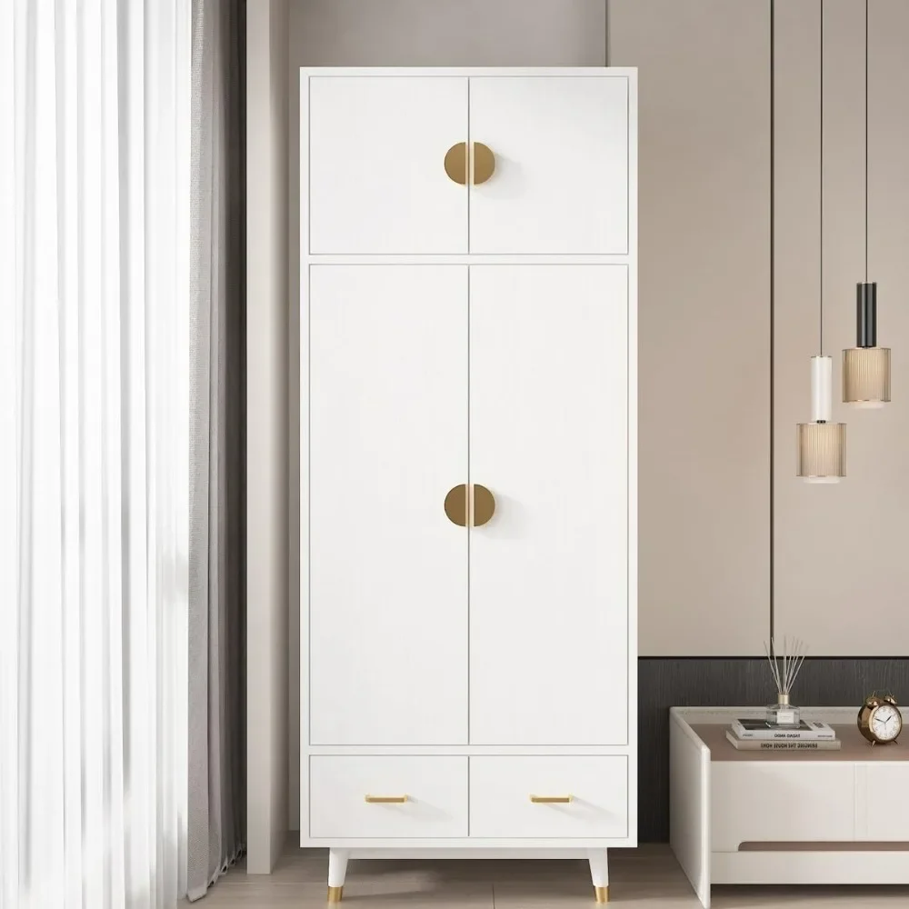 Wooden Wardrobe with Clothes Rail 4 Doors, 2 Drawers, Golden Copper Feet White, Style Modern