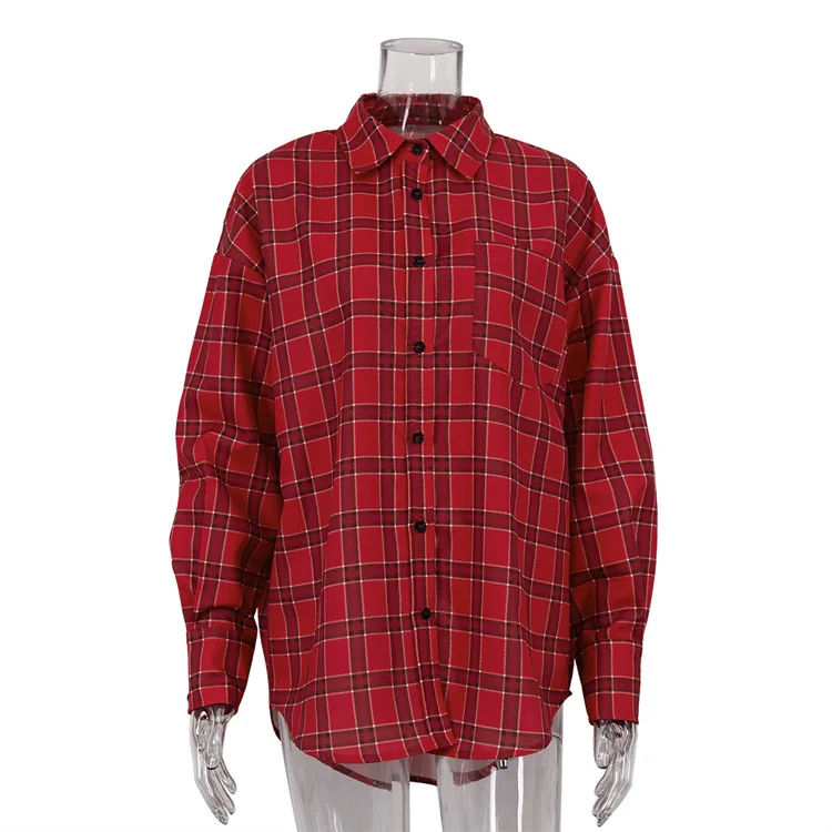 2024 Autumn New Red Plaid Overlay With Women's Casual Design Relaxed Long Sleeve Shirt