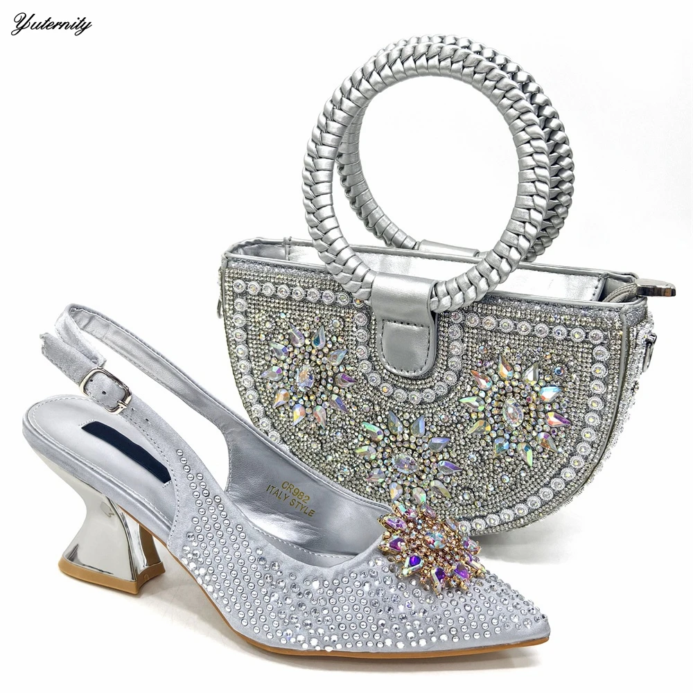 Hot Sale Rhinestone Women Sandals Shoes And Handbag Set For Party Dress Fashion Elegant Square Heels Matching Shoes And Bag Set