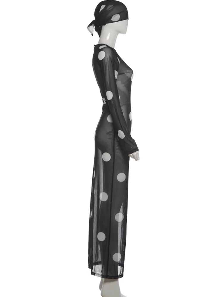 Sisterlinda Frau Sexy durchsichtiges Kleid + Kopftuch mit Polka-Dot-Print, O-Ausschnitt, volle Ärmel, Robe, Mitternachtsclub-Party, modische Kleider – Detail 4