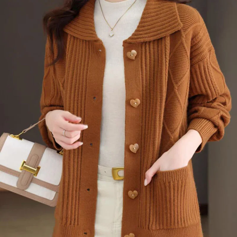 Autumn Winter Solid Chic Button Turn-down Collar Sweater Coat Women Fashion Elegant Commute Wool Knitted Cardigan