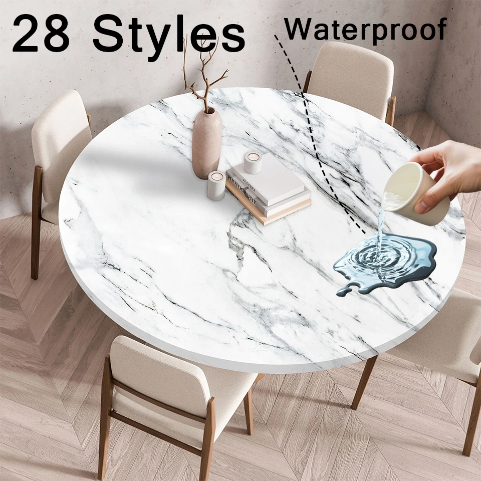 Newest Marble Pattern Round Tablecloth Fitted Elastic Tablecloths Waterproof Oil-Proof Reusable Round Table Cover for Kitchen