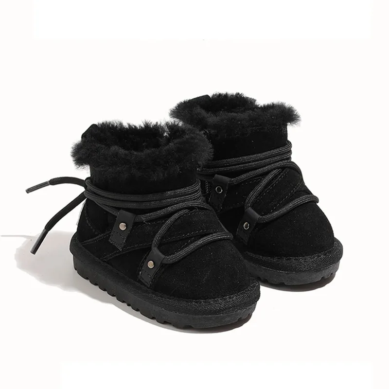 2024 New Winter Baby Snow Boots Leather Warm Plush Infant Shoes Soft Sole Boys Boots Fashion Toddler Girls Boots 16-25